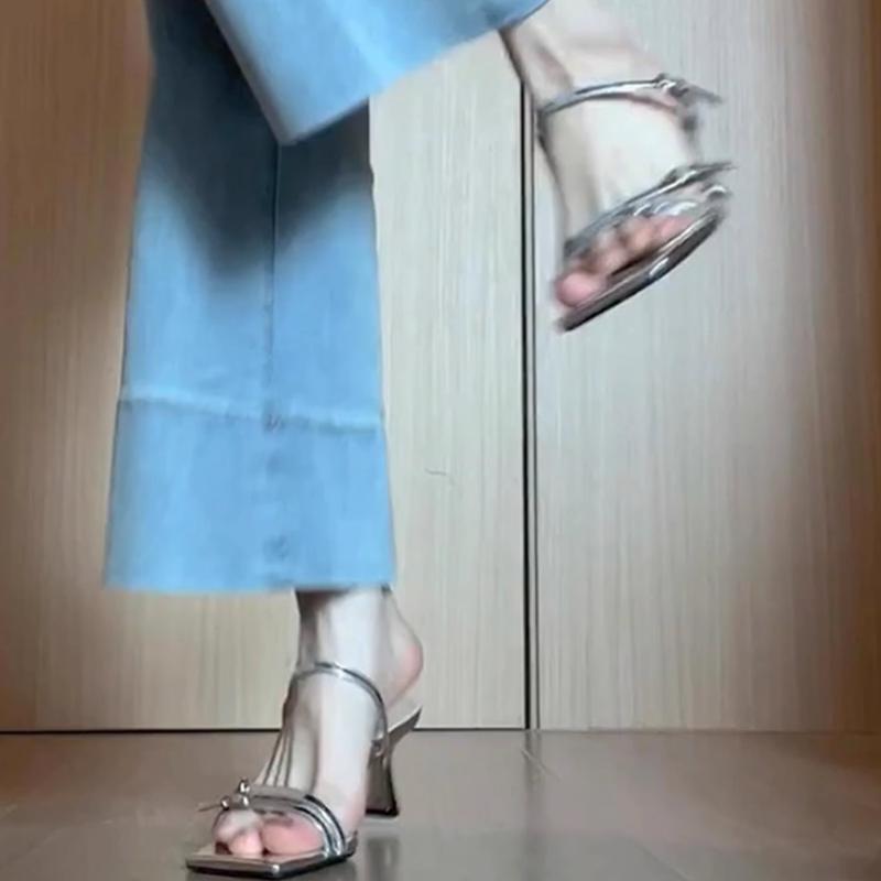 Fashion 2025Summer Womens Fashion Square Toe Open Toe Narrow Strap Slippers New Buckle Design Outdoor Wedding Banquet High Heel Slippers