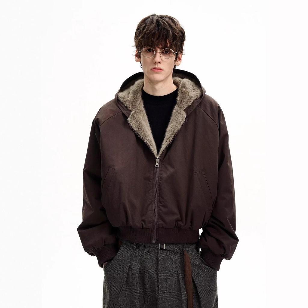 Men's Winter Thickened Double-Sided Furry Hooded Cotton Jacket, Warm Wide-Silhouette Coat, Plus Velvet, Couple Outerwear.
