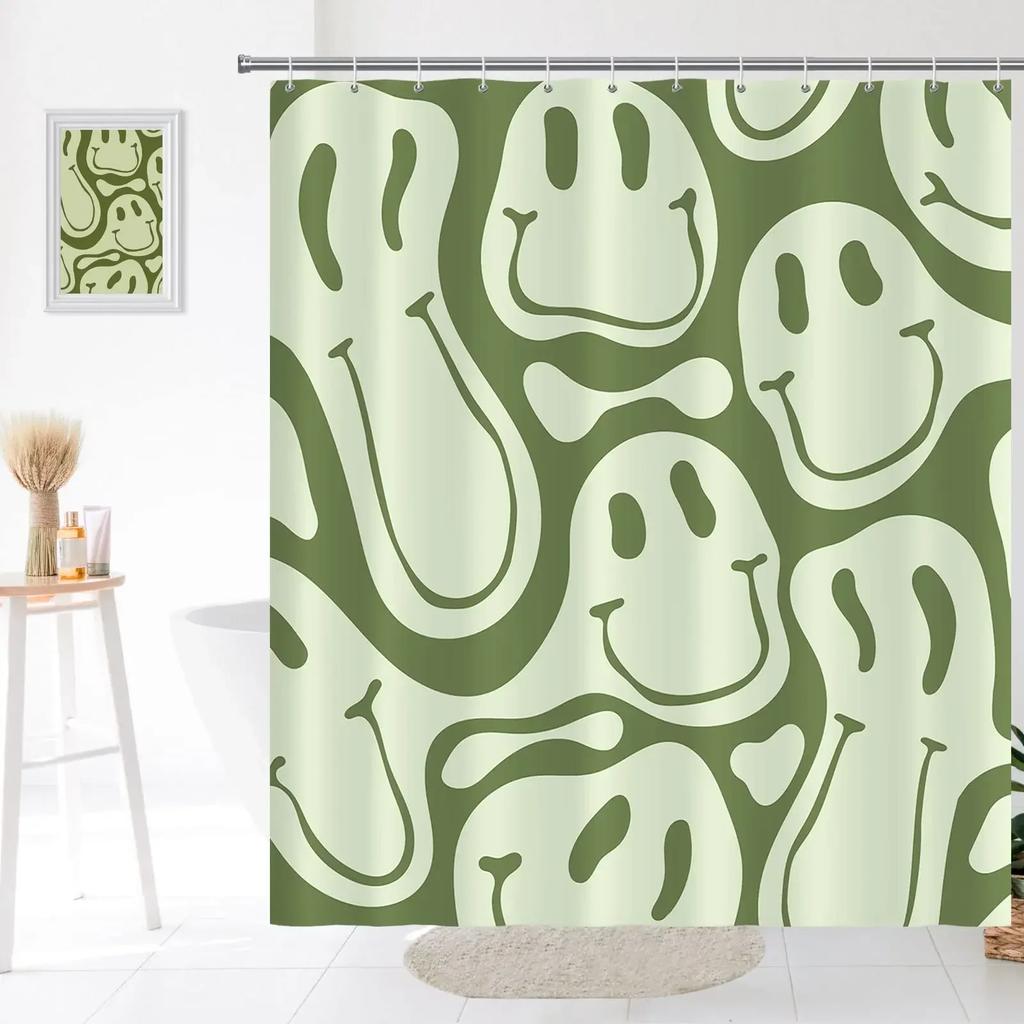 Retro Shower Curtain, 60S 70S Vintage Waterproof Polyester Fabric Bath Curtain Sets, Smile Face Pink Aesthetic Bathroom Curtains