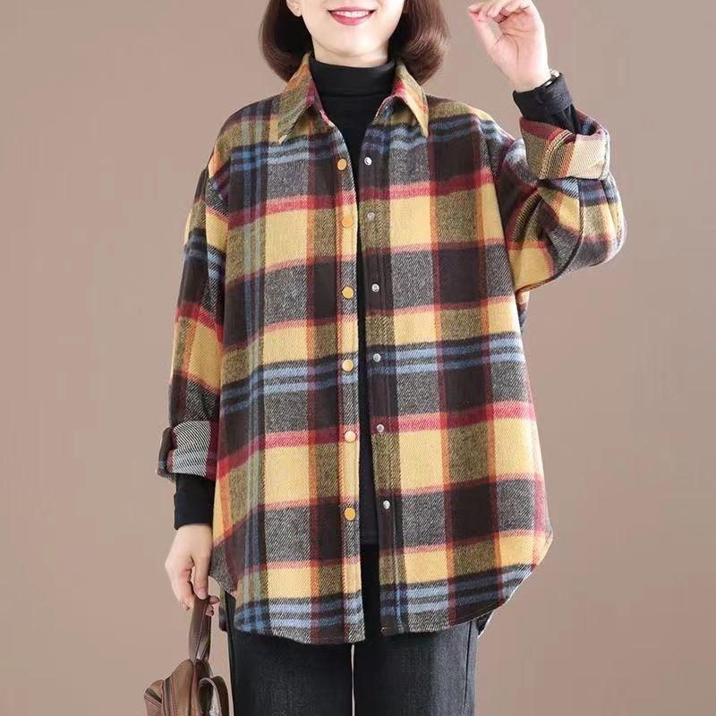 Camicia da Donna Autunno 2025 Nuova Patchwork Collo Polo Bottoni Plaid Levigato Moda Larga Manica Lunga