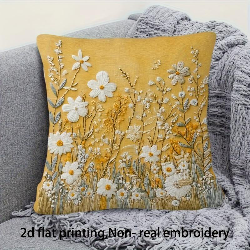 Yellow Wildflower Pillow Cover 2D Embroidered Print Boho Botanical Cushion Case For Sofa Bed Couch Cozy Cottage Home Decor