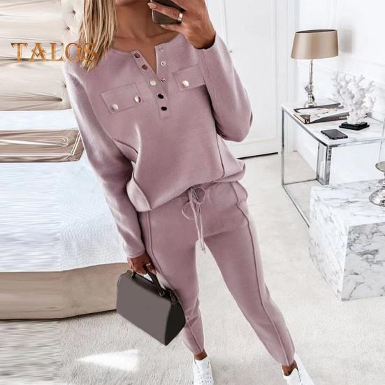 2 Teile/satz Damen Top Hosen Anzug Rundhals Langarm Einfarbig Bluse Elastische Taille Slim Fit Hose Alltagskleidung Sport Outfit Herbst Frühling