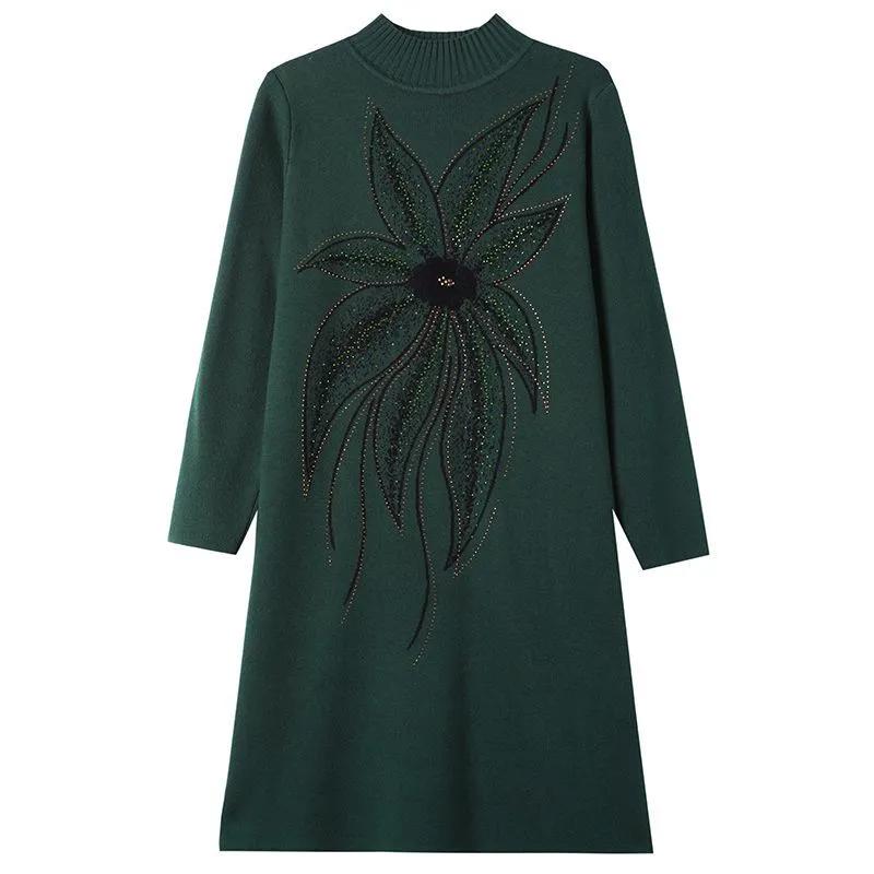 Robes pour Femme Coton Hiver Chaud Col Rond Manches Longues Vintage Décontracté Imprimé Long Tricot Stretch Pull Robes