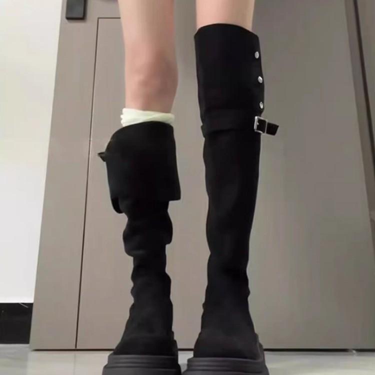 Stövlar med tjock sula dam 2025 nya höst- och vinter men knähöga mockastövlar dam tunna höga ridstövlar