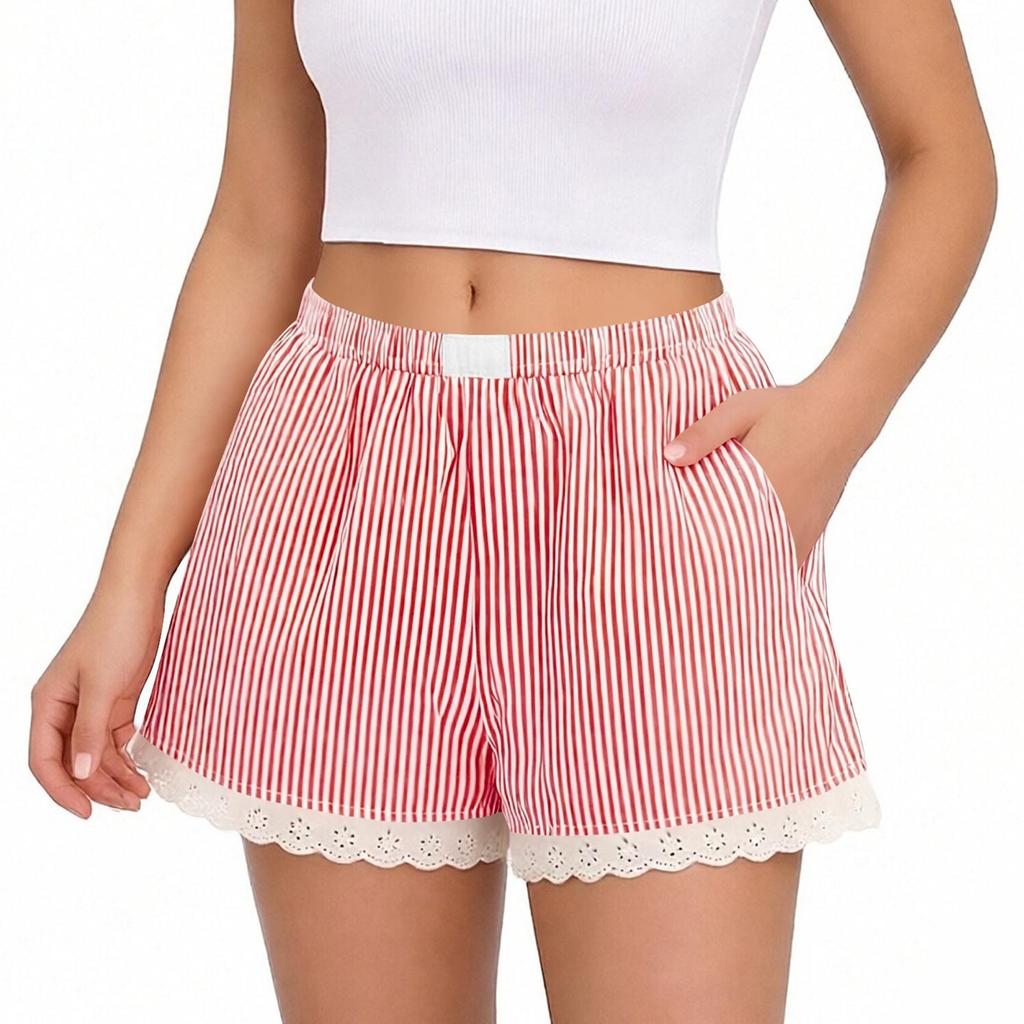 Women's Fashion Striped Shorts with Lace Trim Elastic Waistband Casual Summer Beachwear Comfortable Lightweight Lounge Bottoms