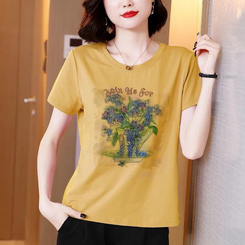 

Women s Casual Crew Neck Short Sleeve T-Shirt Vintage Blue Floral Print Soft Cotton Tee Top M жовтий