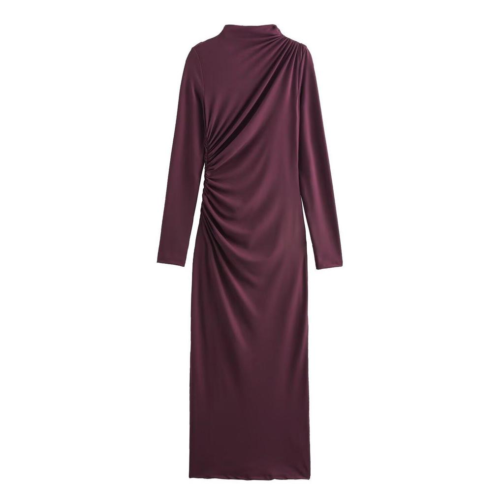 European & American Style Pleated Long Sleeve Slim Dress with Stand-Up Collar for Autumn & Winter - Women's Collection.