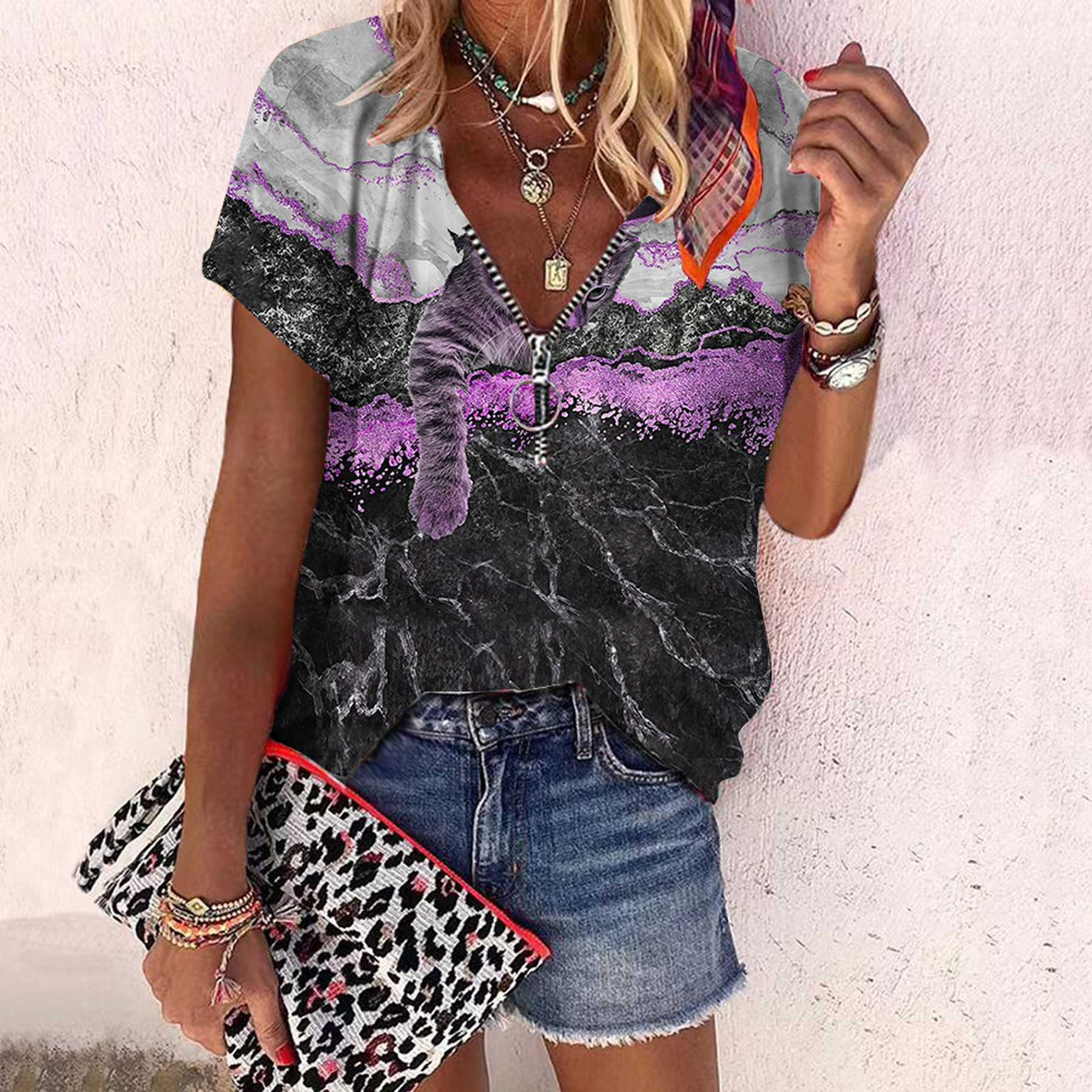 

Женский топ, летний новый модный топ с озорным котом и принтом розы, повседневный топ на молнии с v-образным вырезом и короткими рукавами 8XL фиолетовый