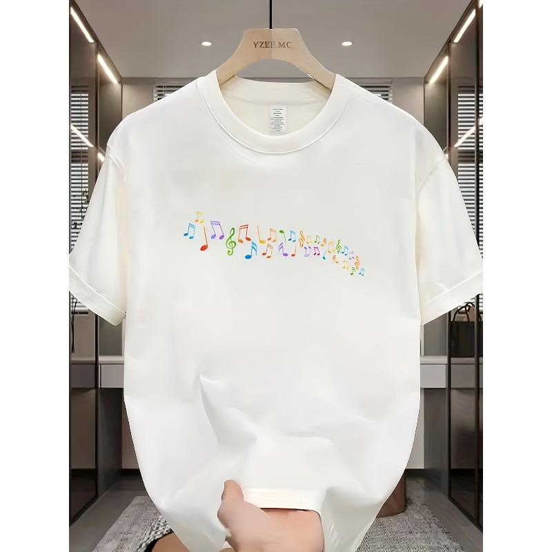 

European Size Crew Neck Short Sleeve T-Shirt with Rainbow-colored Music Note Print on The Front. Colorful Music Note Elements Convey A Vibrant S белый