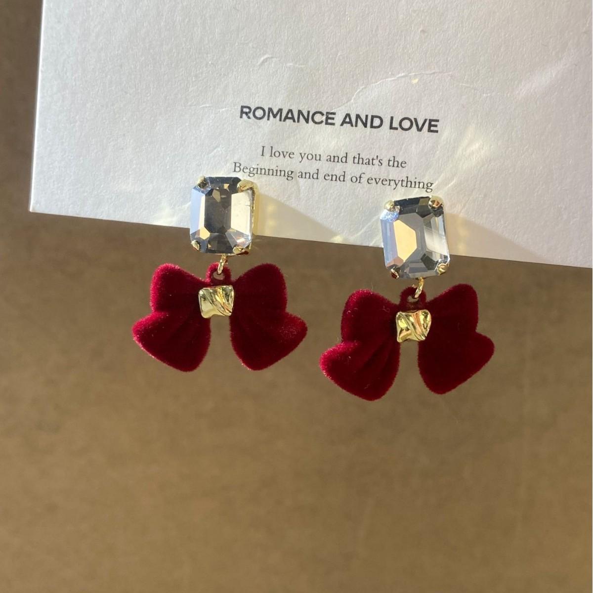 Elegant Red Bow Crystal Earrings for Women - Luxurious, Versatile Studs
