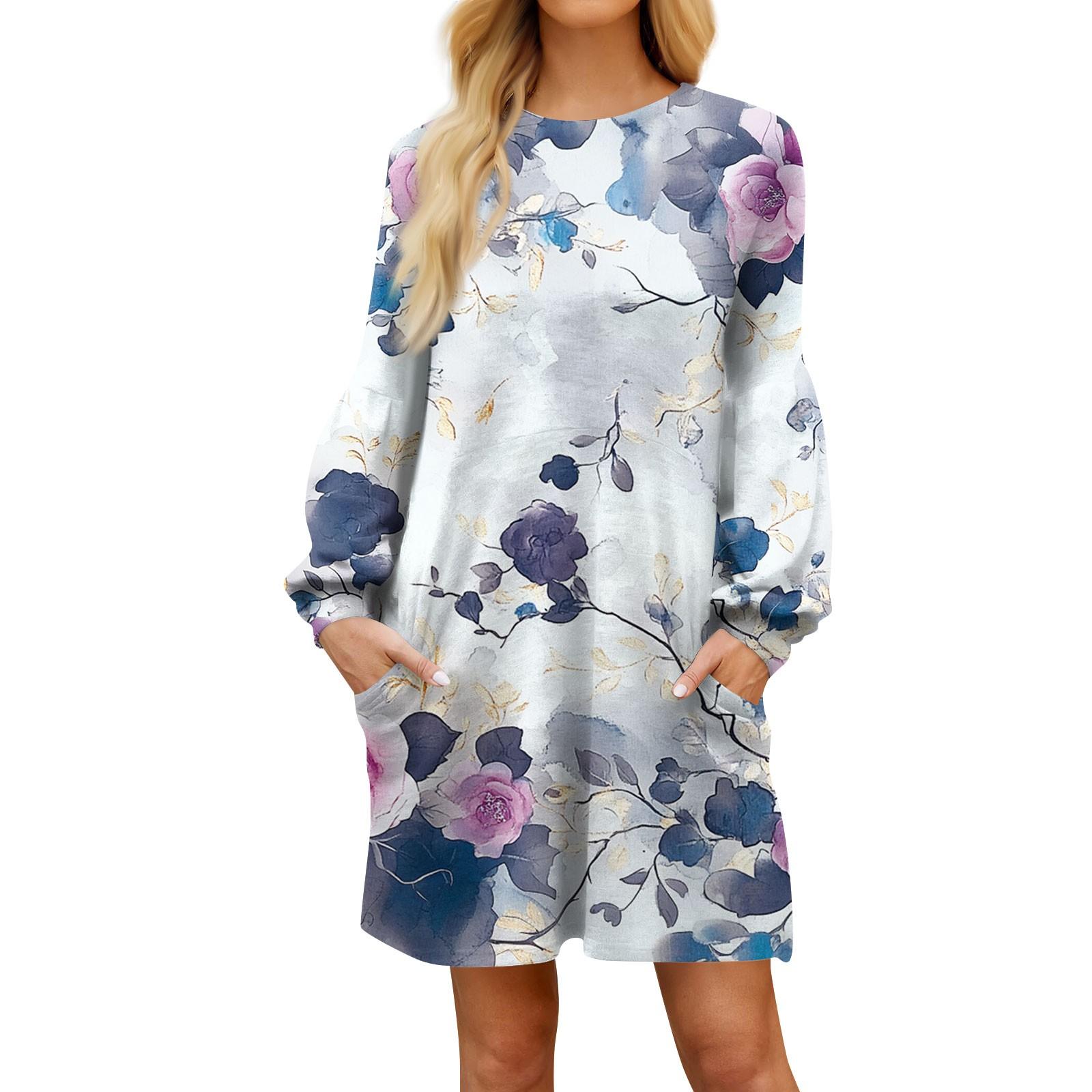 

Модное женское платье трапециевидной формы с длинным рукавом. Осенний повседневный пуловер с круглым вырезом. Свободное платье с карманами. S