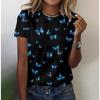 Summer Round Neck 3D Colorful Butterfly on Black Background Print Top Fashionable Casual Short Sleeved Women's T-shirts