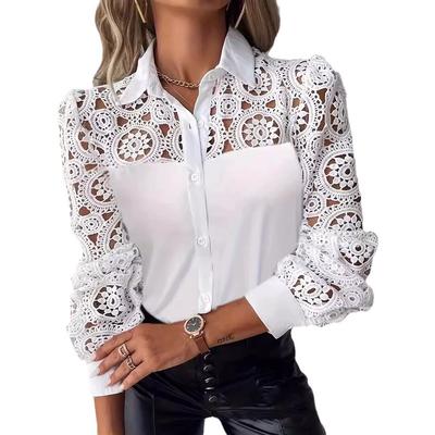 Spitzenblusen für Damen Elegant Büro Weißes Hemd Langarm Knopf Umlegekragen Sexy Lochspitze Tops Mode Damenbekleidung