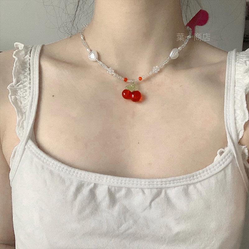 Summer Gentle Pearl Cherry Necklace Women'S Light Luxury Niche Temperament Neck Chain Sweet And Fresh Collarbone Chain