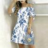 Women Plus Size Off Shoulder Short Sleeve Tie Cuff Floral Printed A Line Dress