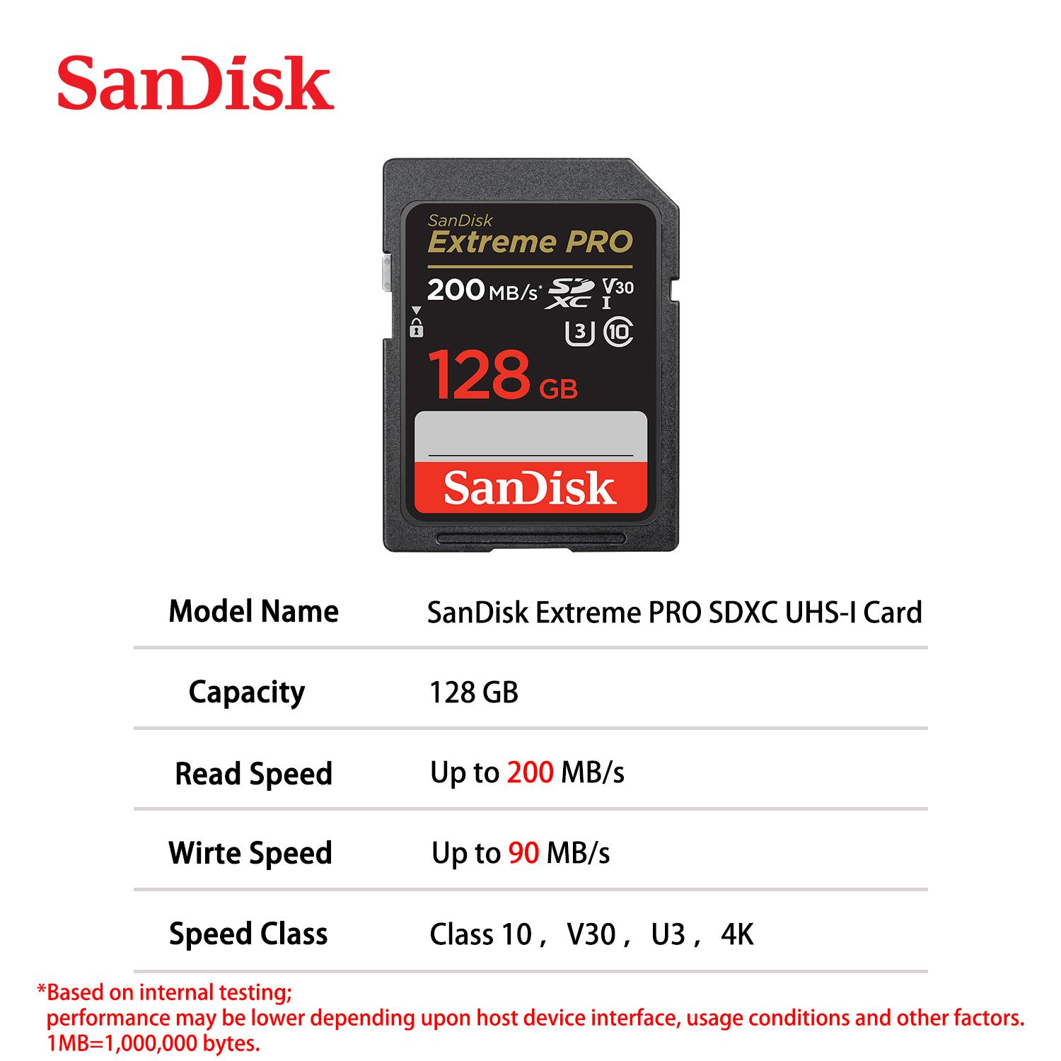 

Карта памяти SanDisk Extreme PRO SD 128 ГБ, карта памяти SDHC SDXC UHS-I 32 ГБ, карта памяти C10 U3 V30 4K UHD Extreme SD Flash для цифровой зеркальной фотокамеры, камкордера Extreme PRO 128GB