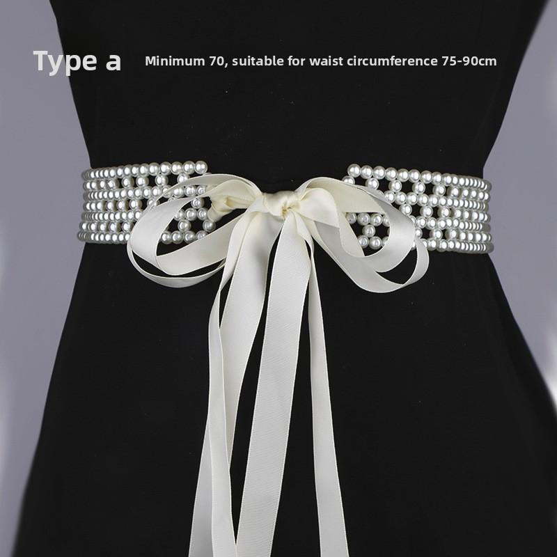 Women s pearl elastic waist chain rhinestone pearl decorated women s belt waistband