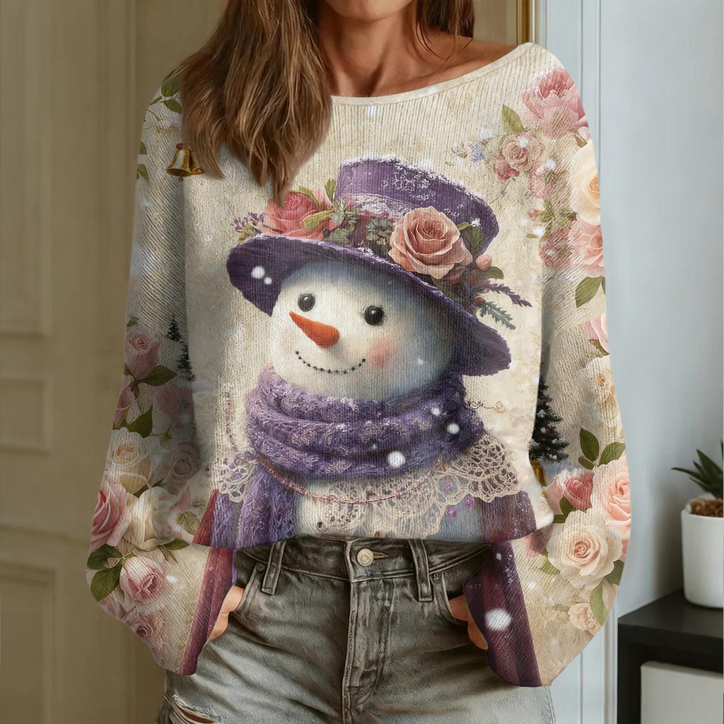 Women's Fashion Round Neck Long Sleeve Christmas Print Casual Pullover Sweater Top