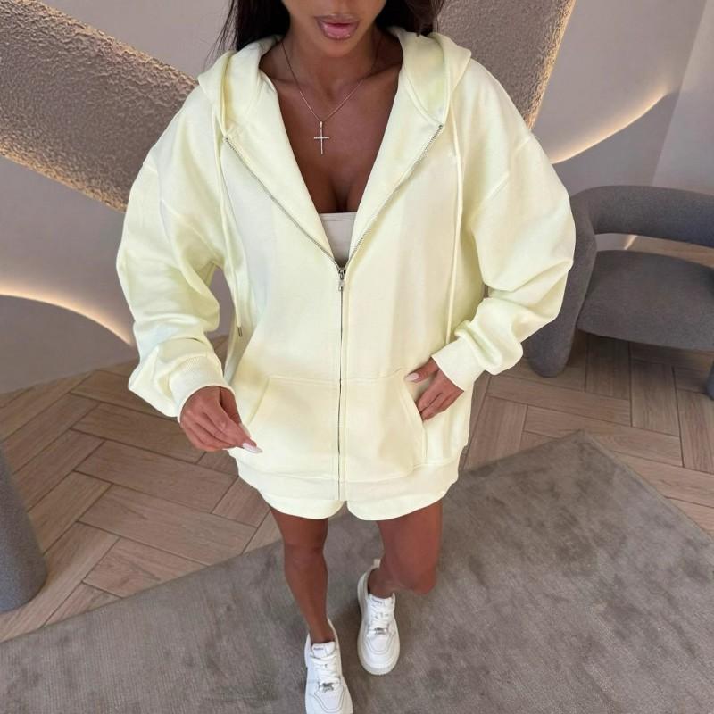 Womens Casual 2-Piece Set Long Sleeve Zip-Up Top Tie-Waist Shorts Streetwear Outfit