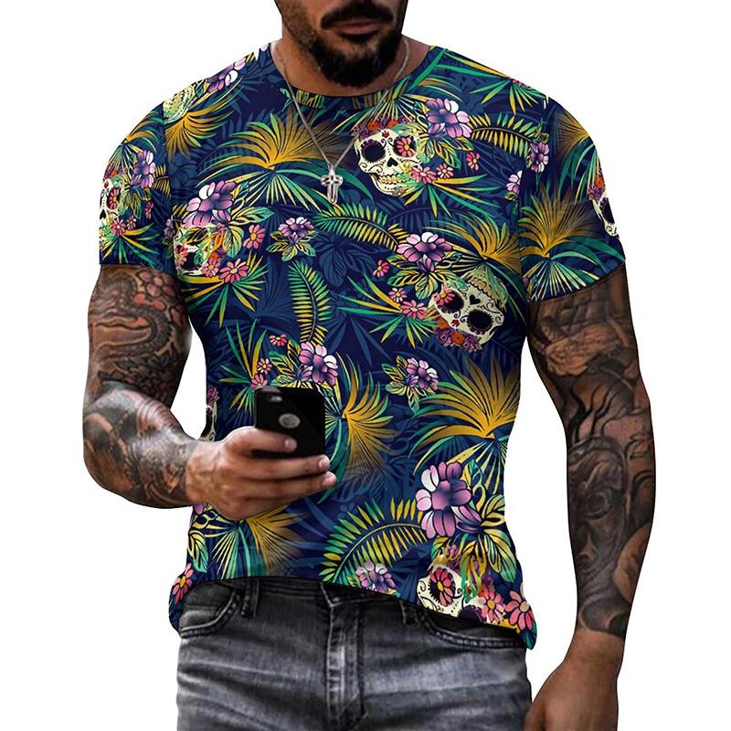 Summer Round Neck 3D Mexican Day of the Dead Skull Pattern Print Top Fashionable Casual Short Sleeved Men's T-shirts