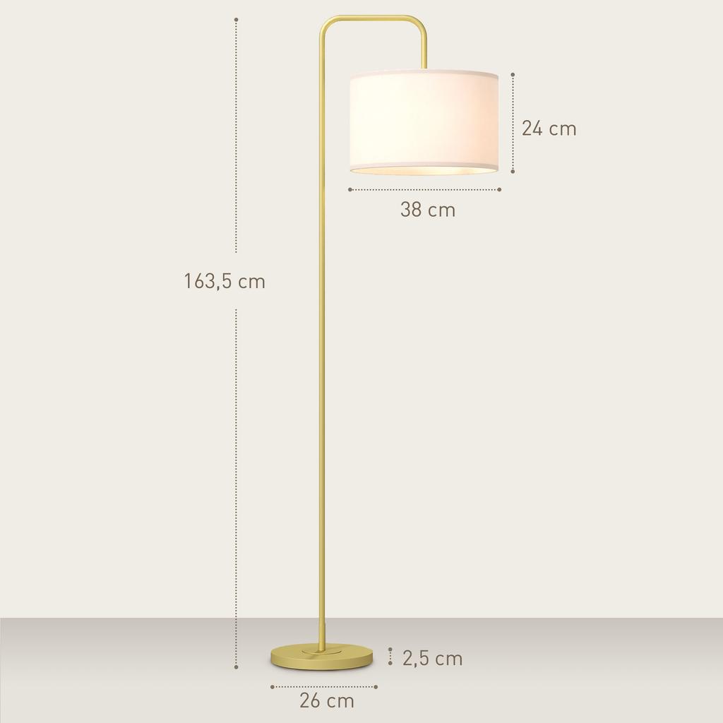 Floor Lamp with Foot Switch, Floor Lamp with Fabric Shade, Steel, Gold