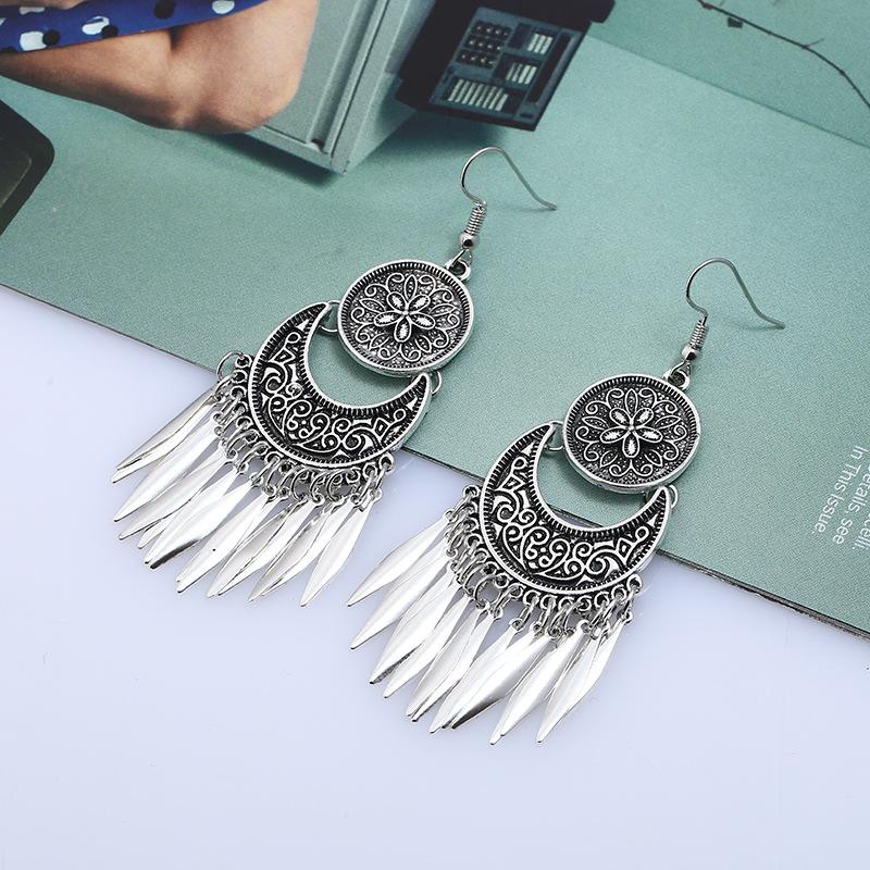 Fashion Boho Drop Long Tassel Earrings For Women Jewelry Vintage Antique Silver Plated Carved Flower Bohemian Drop Earrings