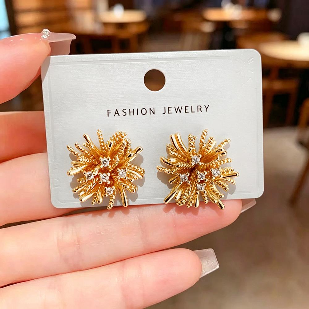 Dandelion Zirconia Stud Earrings: Women's High-End Retro Luxury for Spring/Summer