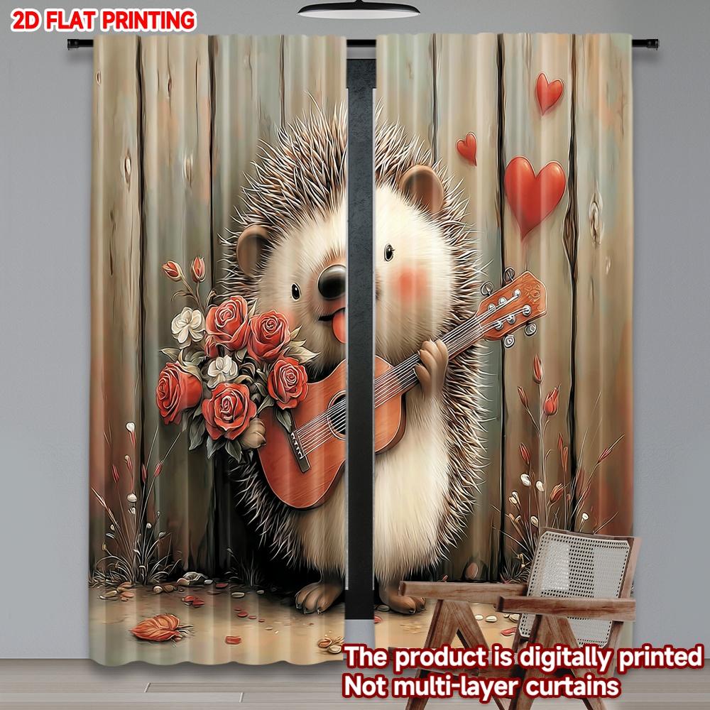 Hedgehog Guitar Curtains Flat Digital Print Blushing Animal Playing Music Red Roses Cozy Living Room Decor Set Of 2 Made Polyester Area