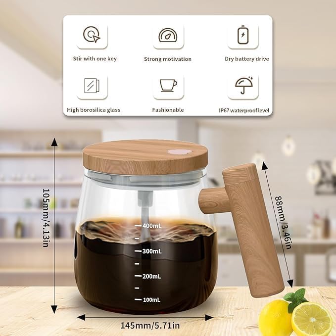 Self Stirring Coffee Mug, Glass Electric Self Mixing Cup with Lid & Handle, 400ml