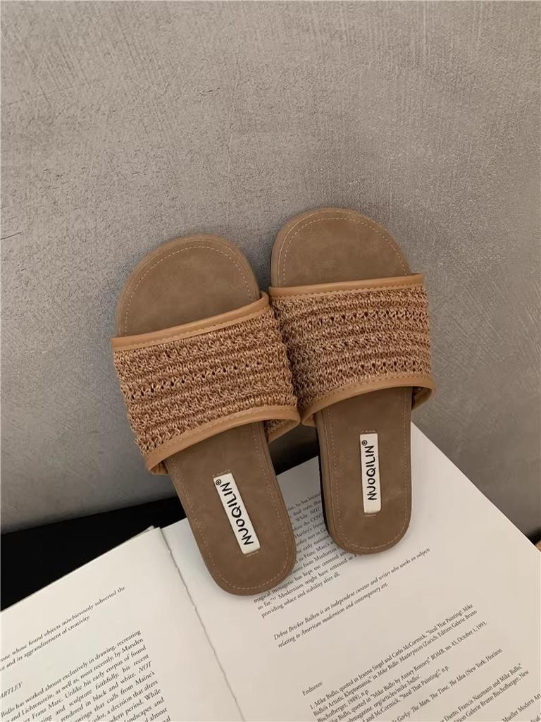 Fashion Women Sandals 2025 Summer Vintage Weave One Word Flat Slippers Fashion Outdoor Lightweight Comfortable Soft Sole Casual Shoes