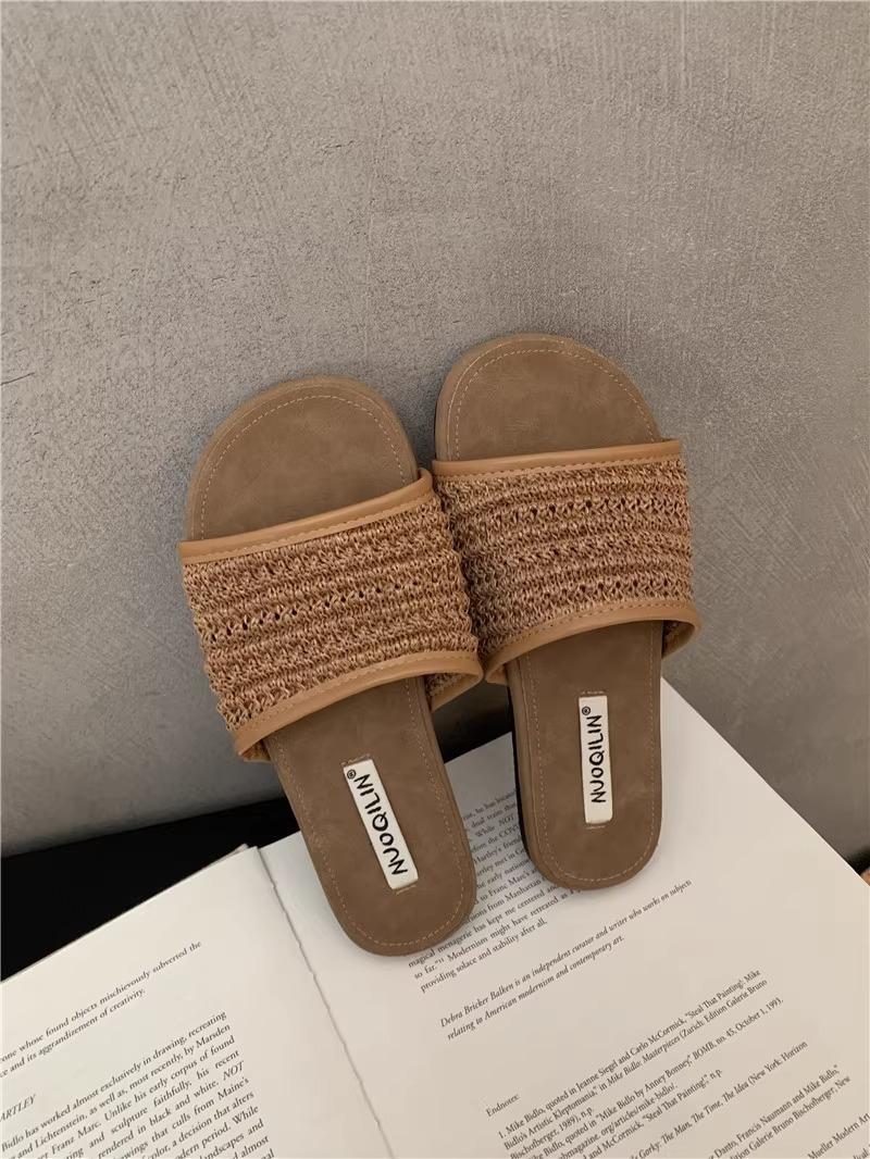 

Women Sandals 2025 Summer Vintage Weave One Word Flat Slippers Fashion Outdoor Lightweight Comfortable Soft Sole Casual Shoes 40