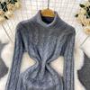 Gray Fashion Turtleneck Sweater Dress For Women New Autumn Winter Chic Long Sleeves A-Line Pullover Loose Knitted Dresses