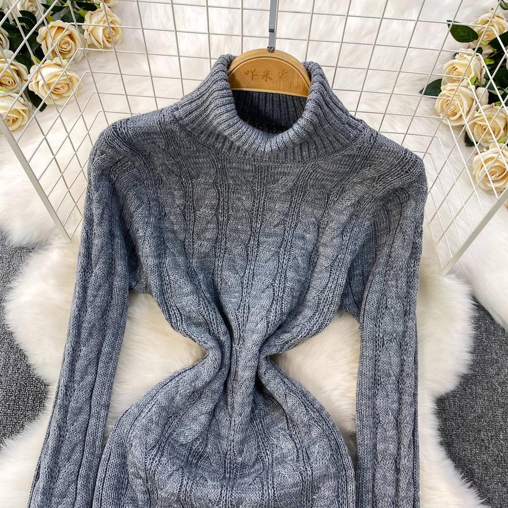 Gray Fashion Turtleneck Sweater Dress For Women New Autumn Winter Chic Long Sleeves A-Line Pullover Loose Knitted Dresses