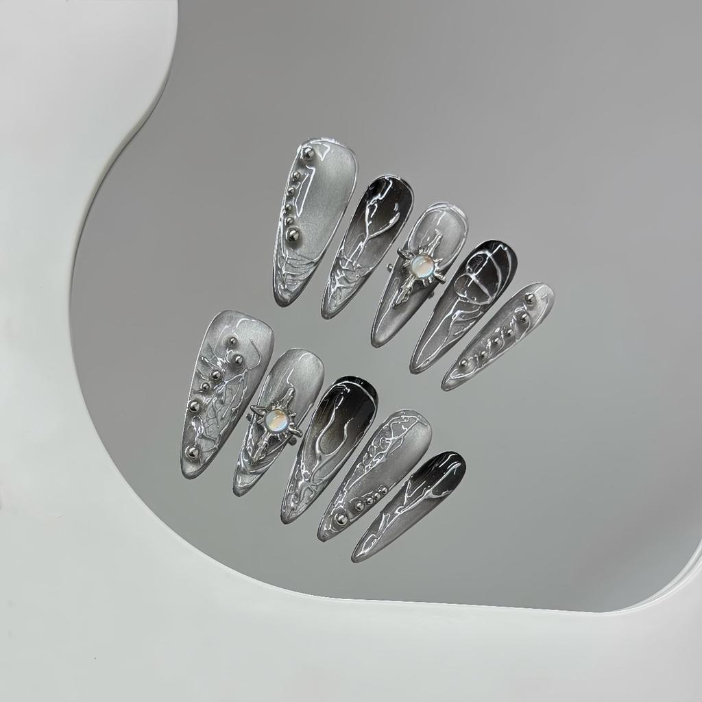 10PCS Fake Nails Long Pointed Press On Nails Mechanical Style Long Press On Nails For Daily Party Wear