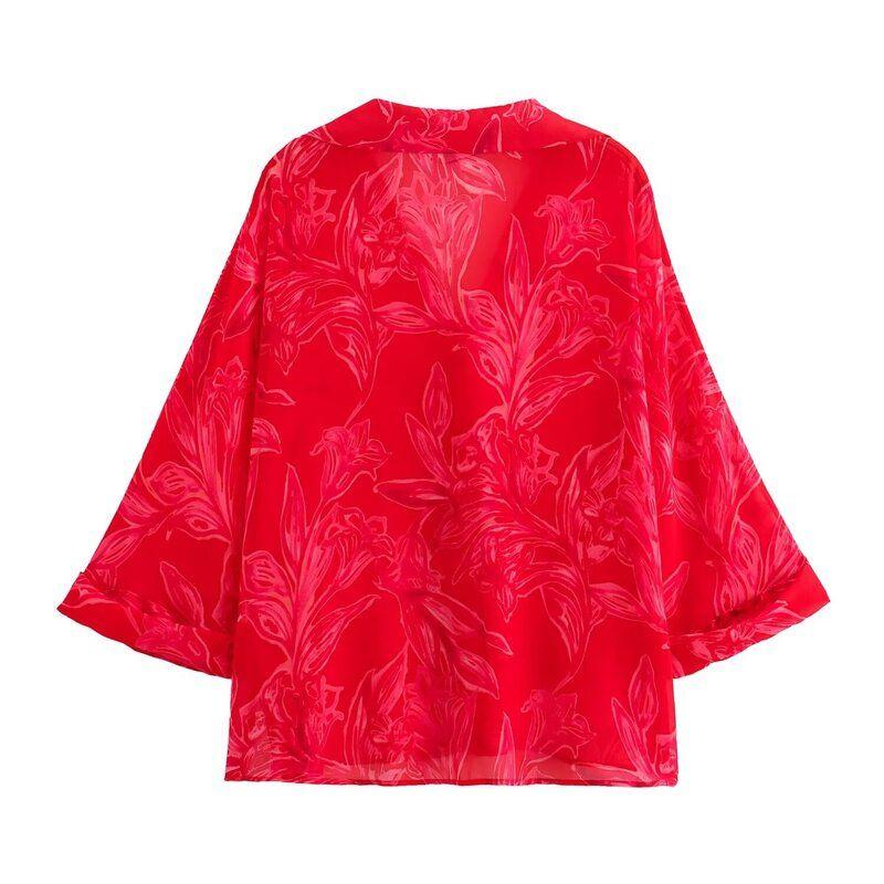 Fashion Style 2024 Autumn New Arrival Women's Stylish All-Match Commute Flower Print Transparent Shirt 8691137
