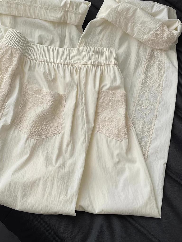 Lace Patchwork Pants Women's Summer Slim Fit Wide Leg Pants Ins Style Photo Color