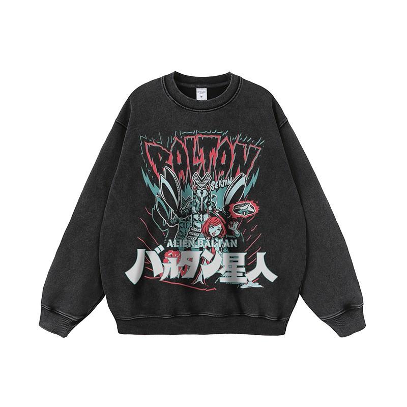 Oversized Distressed Hoodie With Cartoon Print Unisex Streetwear Loose Fit Long Sleeve Cotton Sweatshirt