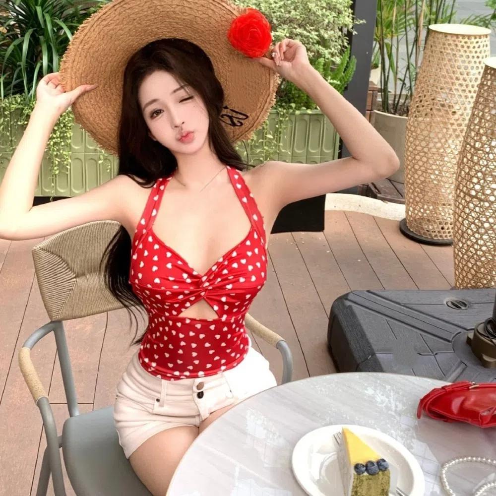 Dot Sleeveless Crop Top Korean Style Women Camisole Ins Fashion Halter Vest Top Summer