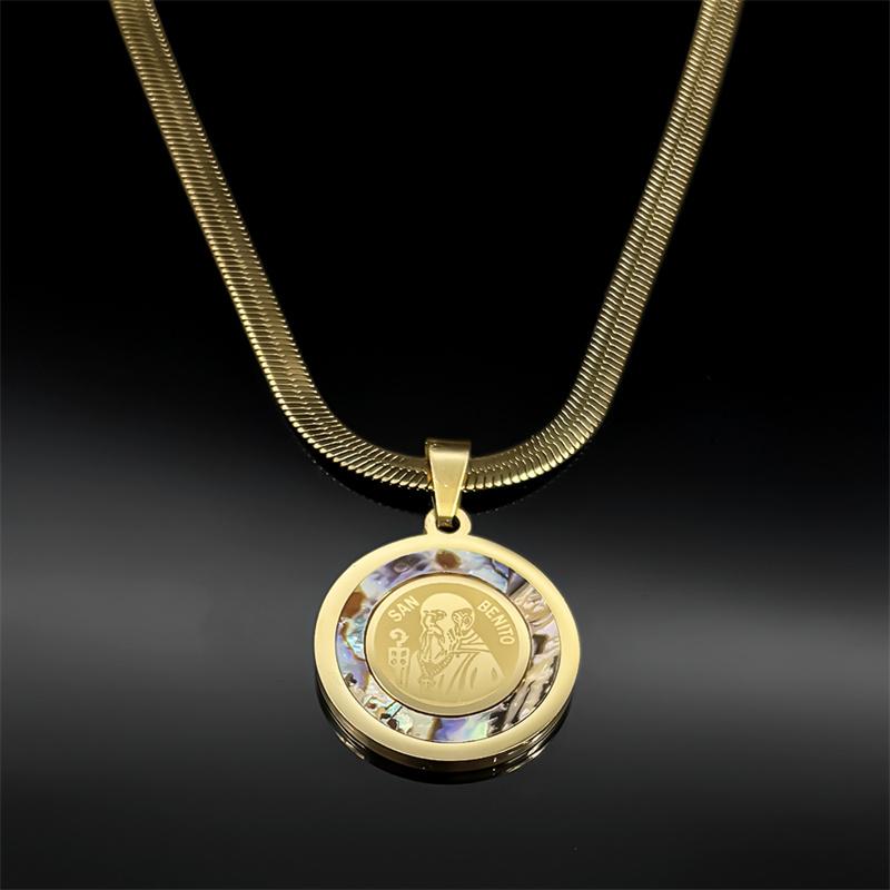 Catholic Saint Benedict Medal Pendant Necklace for Women Men Abalone Stainless Steel Gold Color San Benito Chain Jewelry