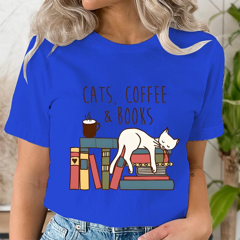 Cats Coffee Books Women Cute Bookworm TShirts Funny Book Lover T Shirt Vintage Reading Graphic Tees Female Bookish Tops Tshirt
