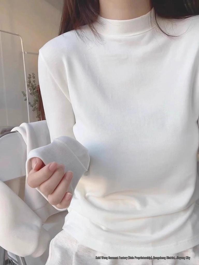 White Women's Long Sleeve Slimming Base Layer Top with Stand-up Collar for Autumn/Winter