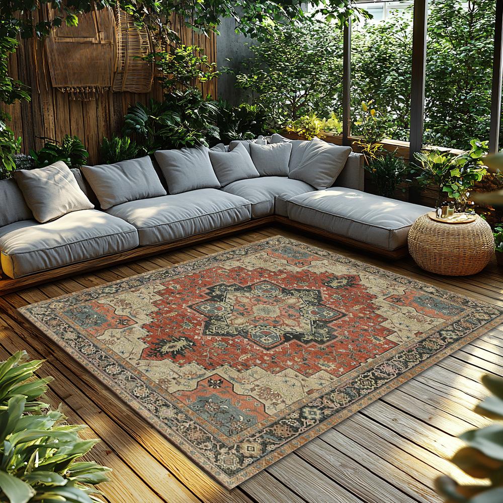 Red Green Bohemian Area Rug, Ethnic Pattern Non-Slip Carpet, Cozy Living Room Mat for Natural Home Decor