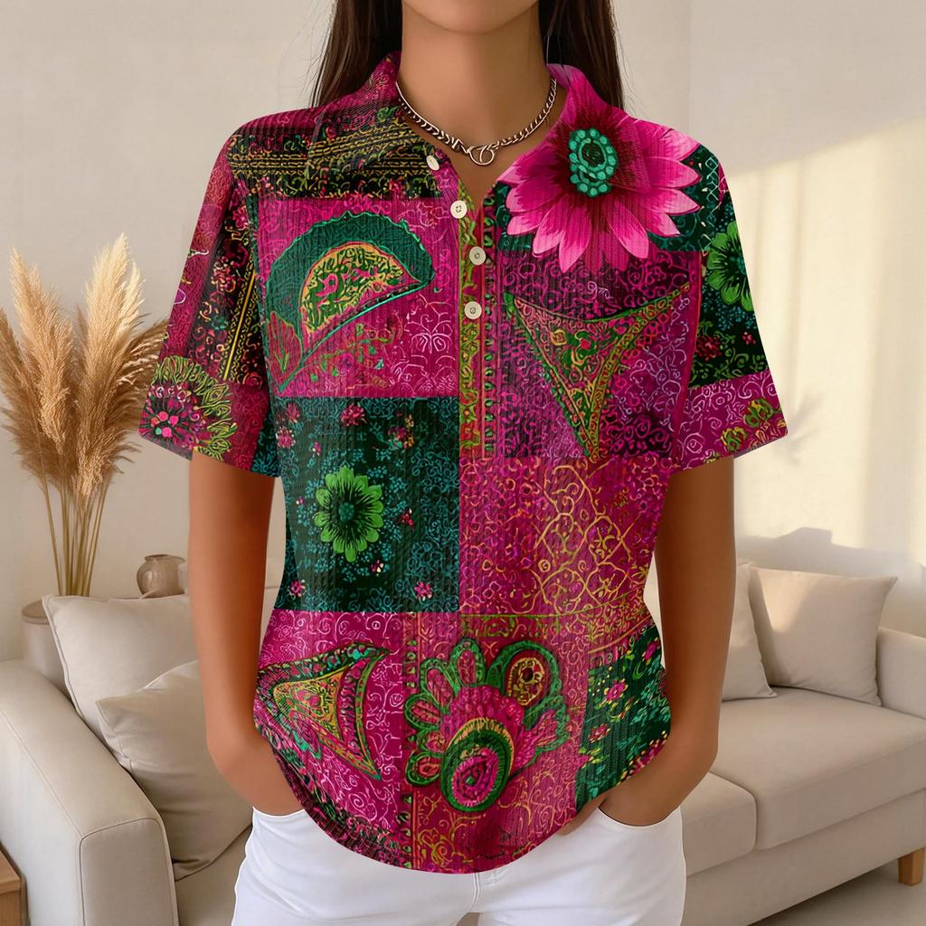 Women's Casual Short Sleeve Waffle Knit Polo Shirt Vintage Floral Print Button Down Collared Top Lightweight Breathable Fabric