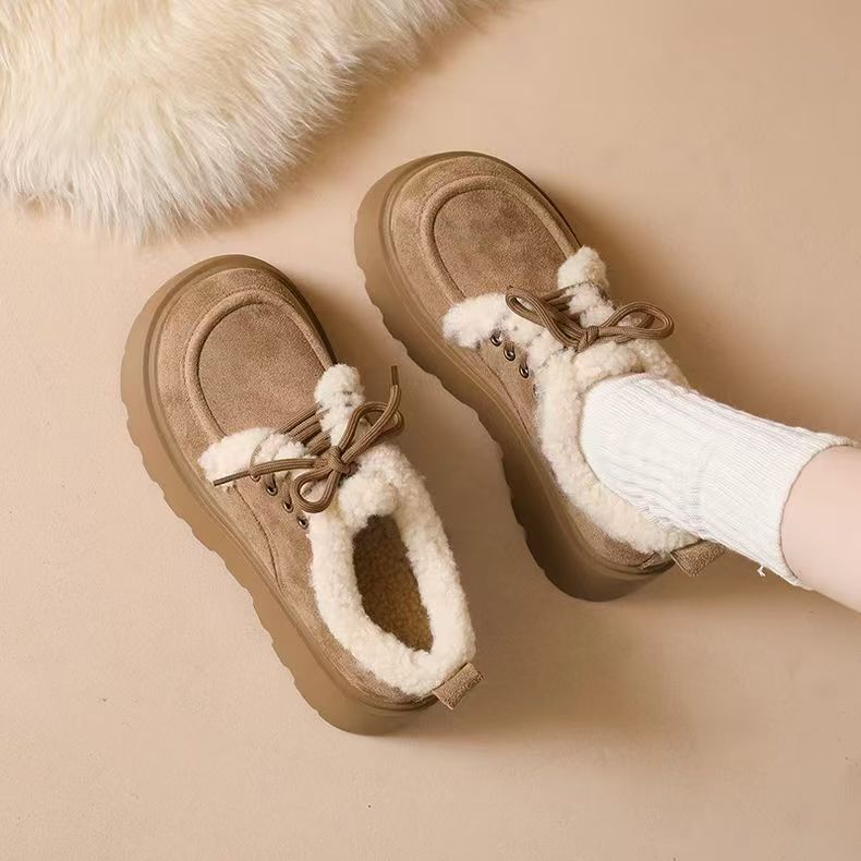 Autumn and winter new fleece thickened lace-up Birkenstocks cotton shoes fashionable small thick-soled heightening snow boots