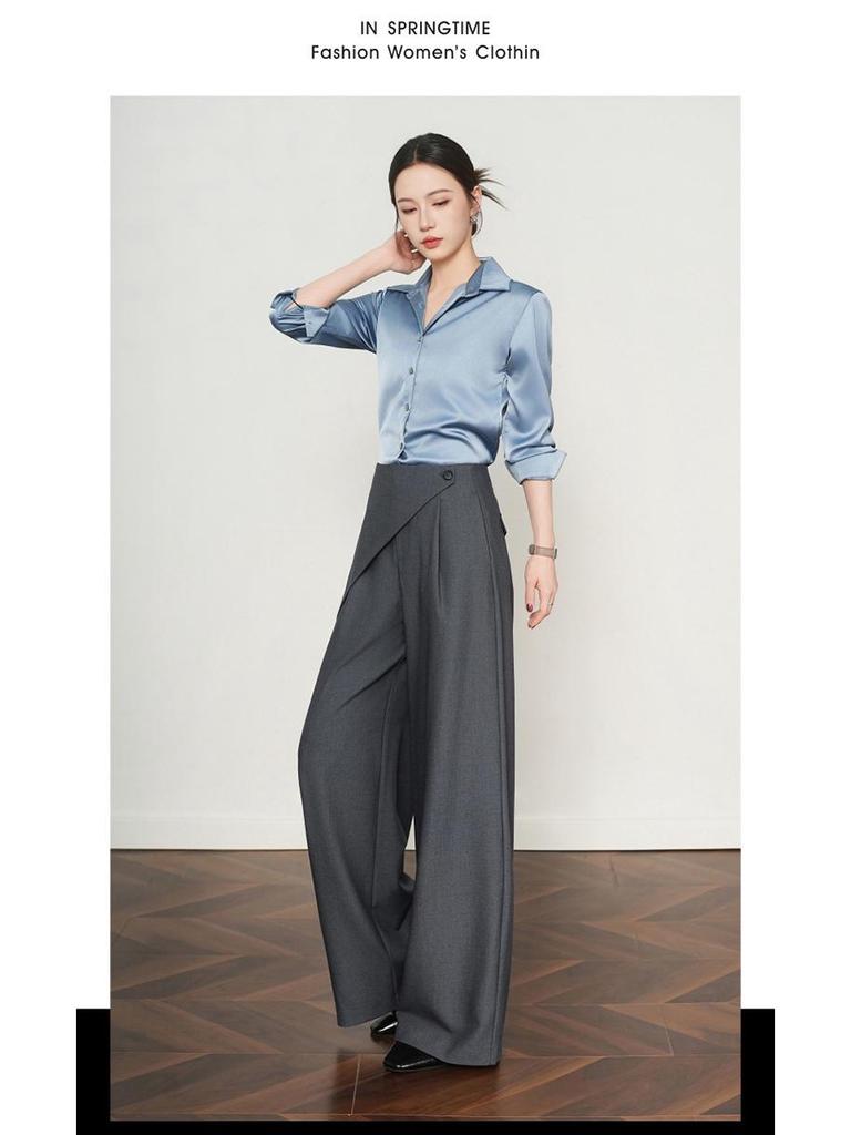 2026 Spring Women's Grey Wide-Leg High-Waisted Drapey Suit Pants, Floor-Length