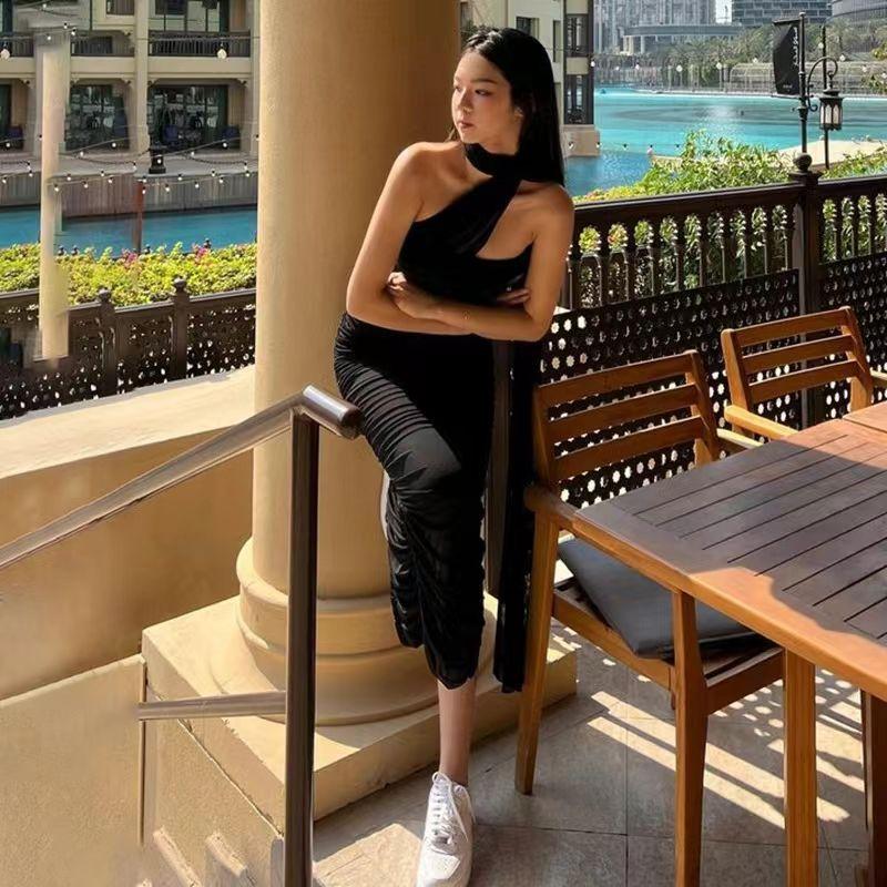 

European and American New Word Collar Tight Dress Sexy Backless Formal Dress Long dress Sexy Backless Dress Black L