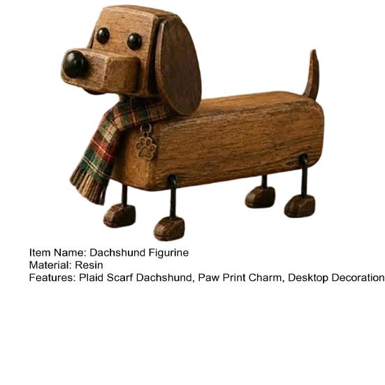 Dachshund Dog Statue Plaid Scarf Figurine, Retro with Paw Miniature Puppy Decoration Print Charm, Handcrafted Mini Desktop Office Accessories