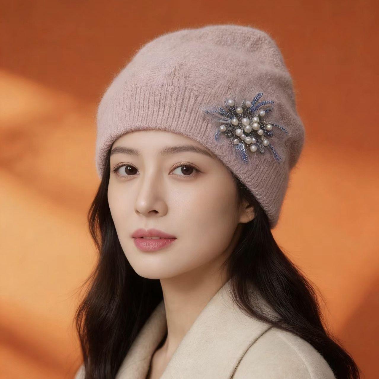 New Autumn Winter Knitted Fashion Hat - Warm Double-layer Pearl Embellished Premium Women s Hat 52-62cm high elasticity