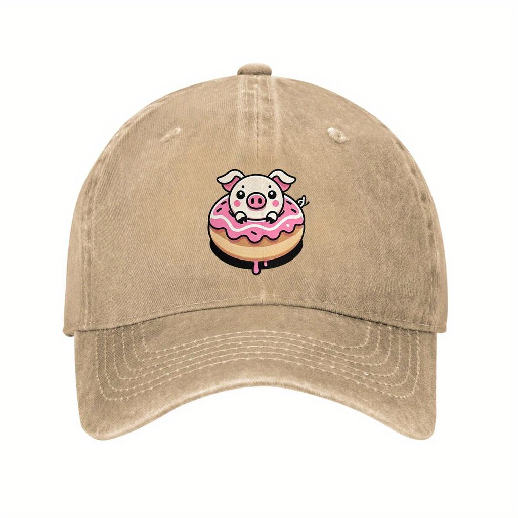 Cute Pig in Donut Graphic Baseball Cap Cotton Adjustable Dad Hat Casual Sun Protection Unisex