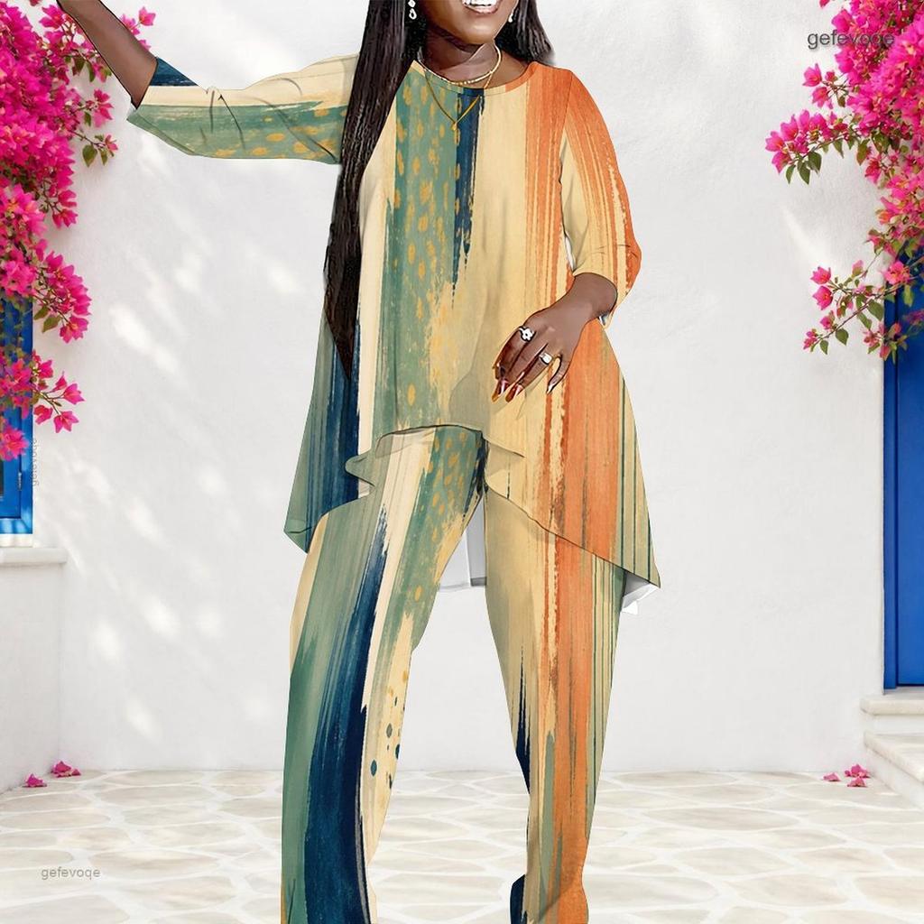 Women Plus Size Dark Blue Printed Round Neck Long Sleeve Layered Top Long Pants Set